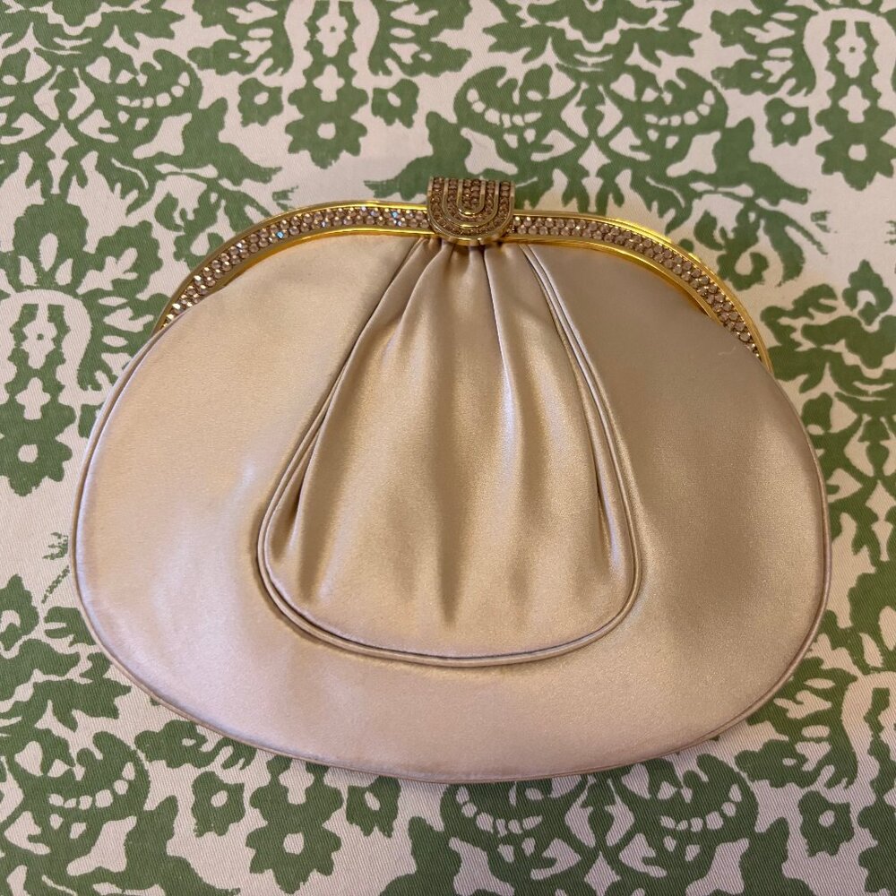 Judith Leiber ivory white clutch bag with rhinestones and chain, bridal wedding